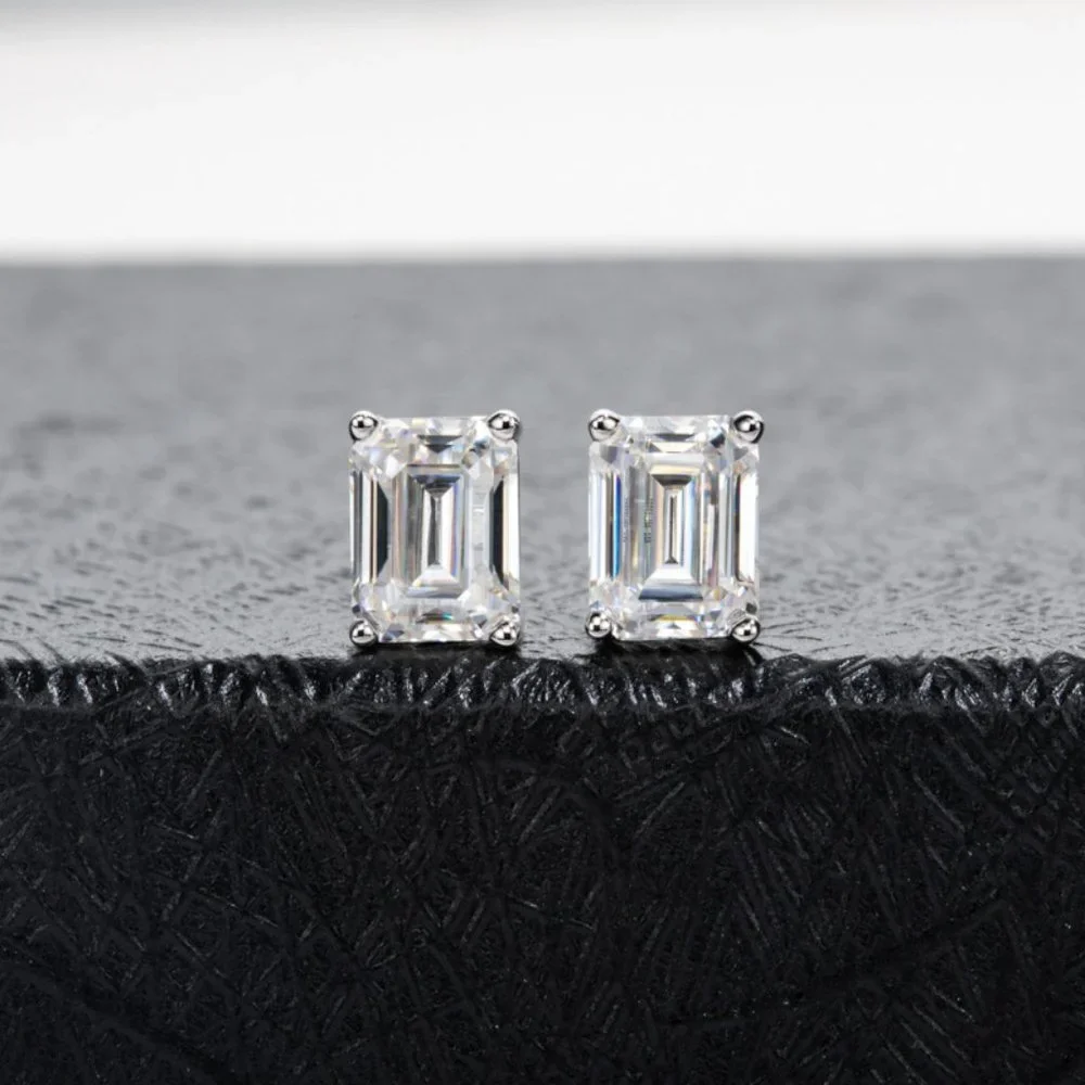 Certified 4ct. t.w. Moissanite Diamond Emerald Cut Stud Earrings NEW